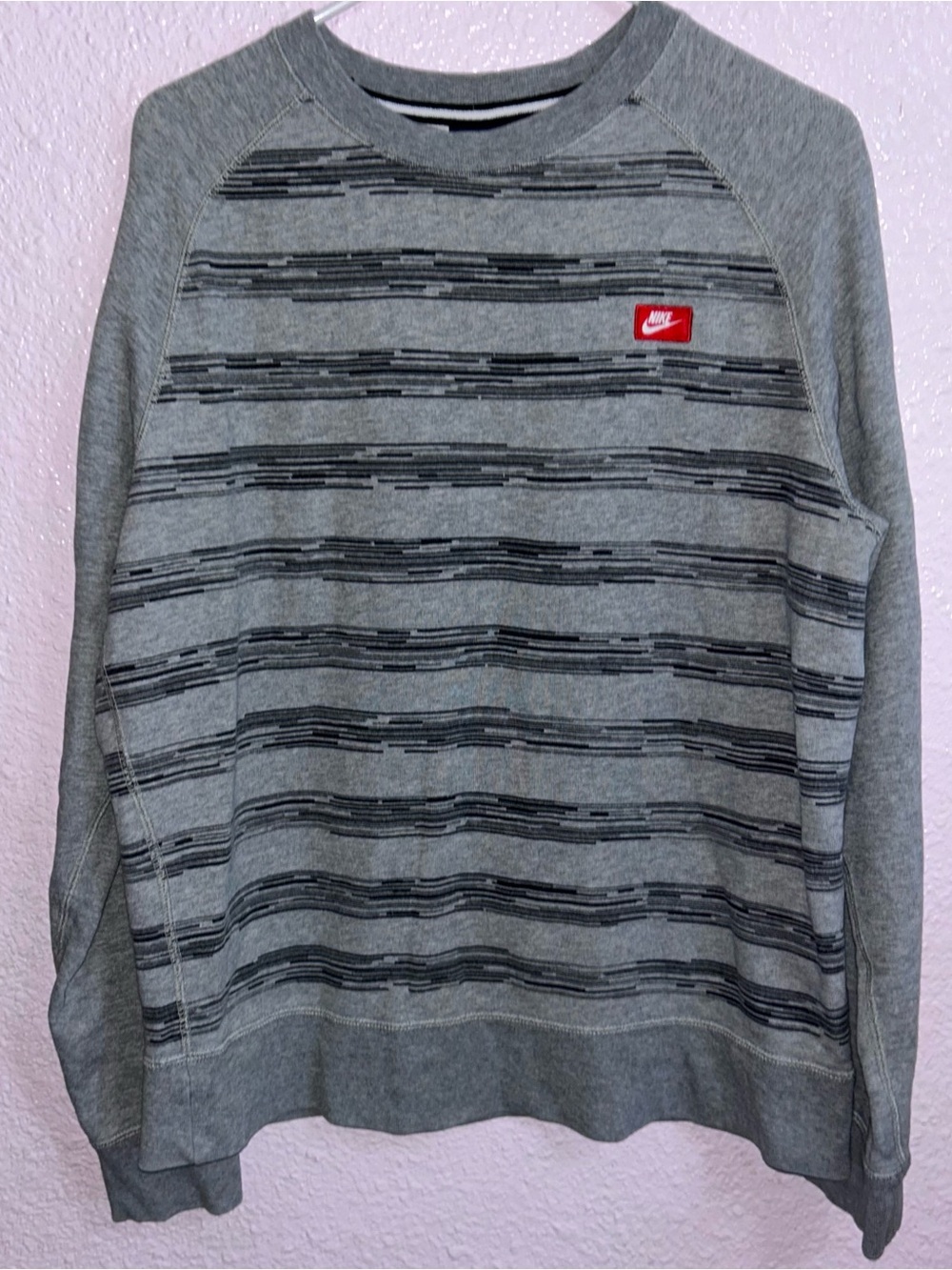 Nike Grey Striped Crew Sweatshirt with Red Logo Patch